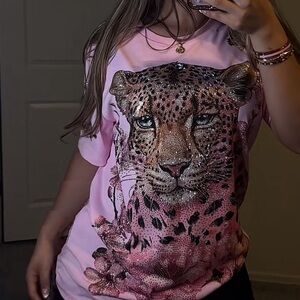 TCH LUXURY RHINESTONE LEOPARD SPARKLE FLOWER SHORT SLEEVE